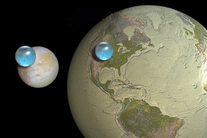To scale, the blue ocean of Europa is larger than the water of Earth.